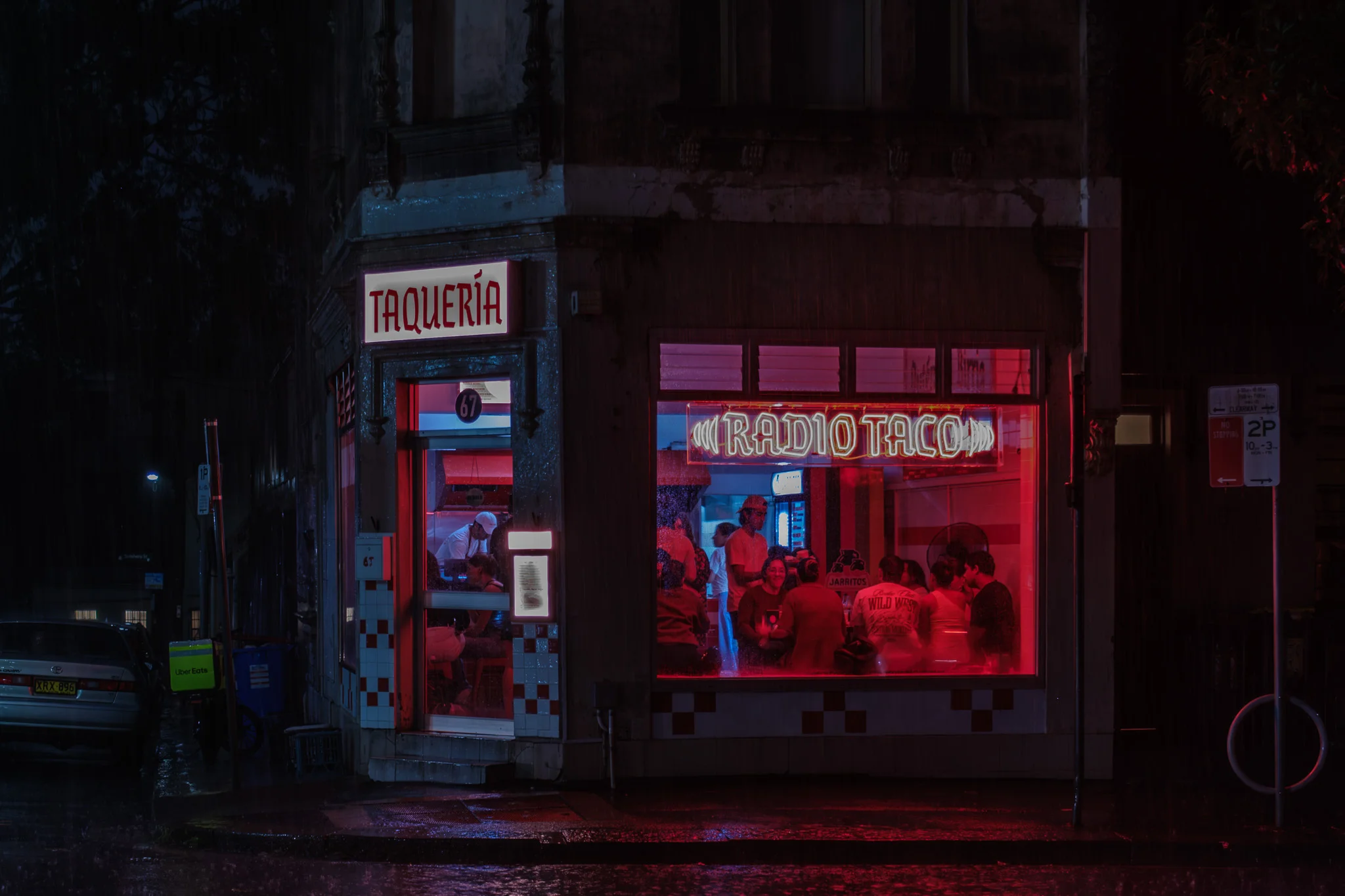 Neon Taqueria in Rain